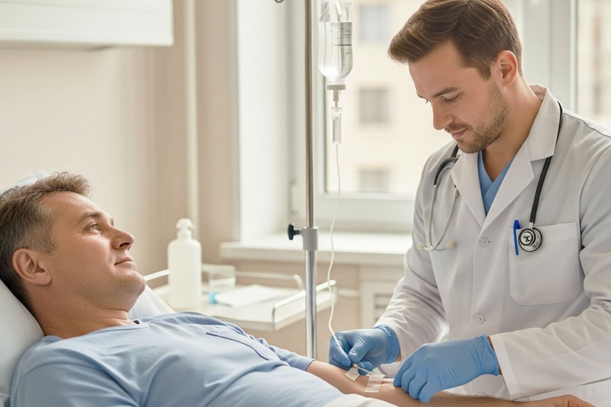 Врач ставит капельницу пациенту